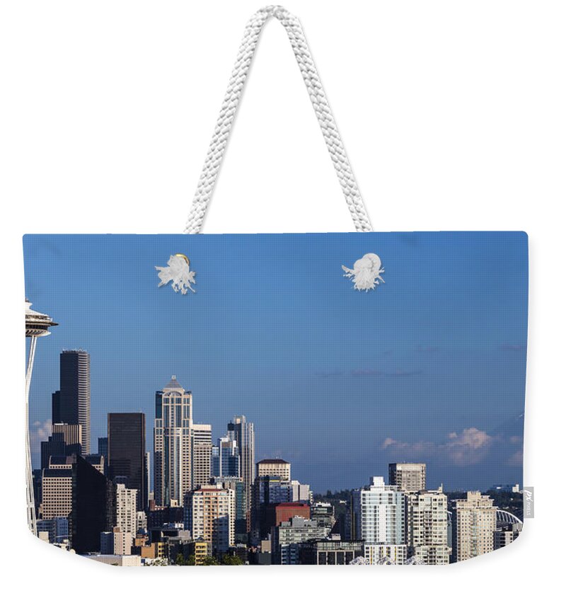 Mount Rainier Weekender Tote Bag featuring the photograph Seattle and Mt Rainier by Ed Clark