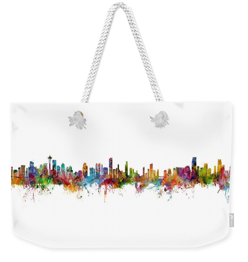 Miami Weekender Tote Bag featuring the digital art Seattle, Honolulu and Miami Skylines Mashup by Michael Tompsett