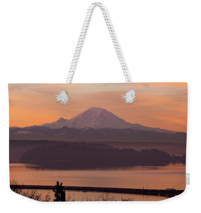 Mount Rainier Weekender Tote Bag featuring the photograph Seattle I-90 Sunrise by Matt McDonald