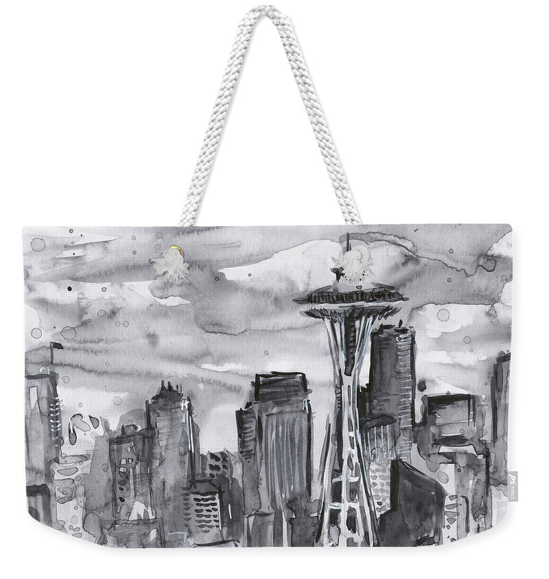Seattle Weekender Tote Bag featuring the painting Seattle Skyline Space Needle by Olga Shvartsur