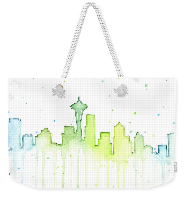 Seattle Weekender Tote Bag featuring the painting Seattle Skyline Watercolor by Olga Shvartsur