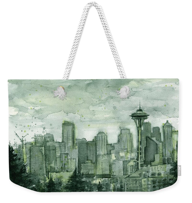 Seattle Weekender Tote Bag featuring the painting Seattle Skyline Watercolor Space Needle by Olga Shvartsur