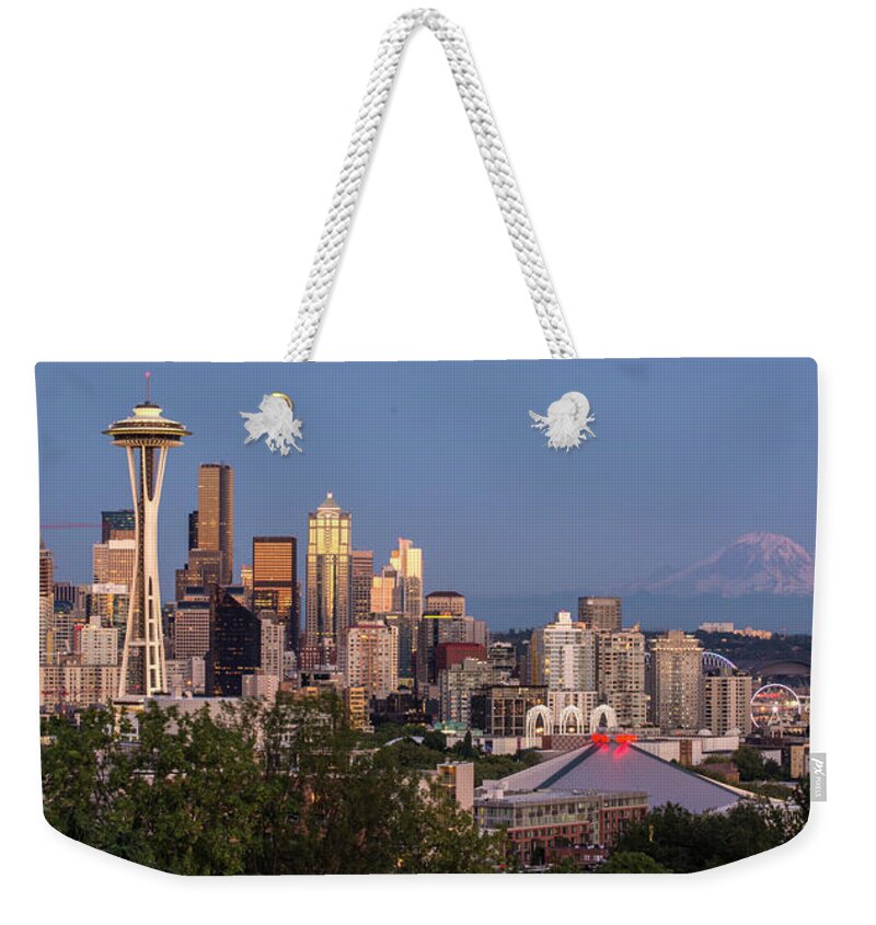 Seattle Weekender Tote Bag featuring the photograph Seattle Sunset Panorama by Matt McDonald