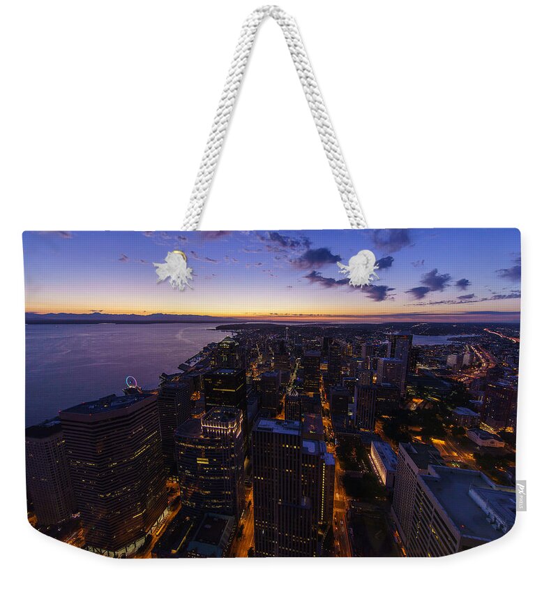 Seattle Weekender Tote Bag featuring the photograph Seattles Dusk City Landscape by Mike Reid