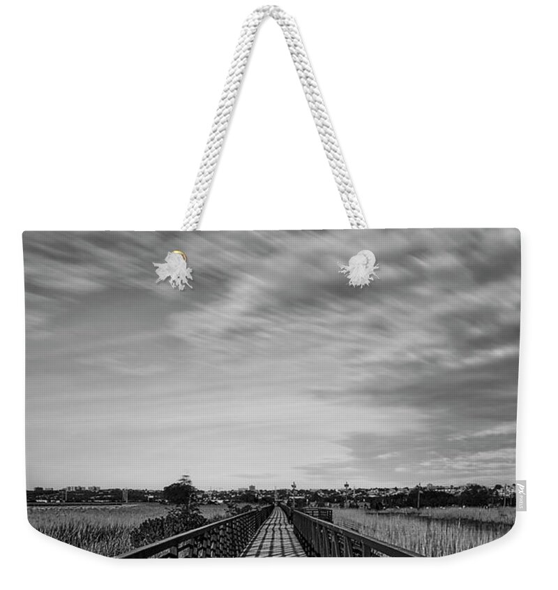 Secaucus Weekender Tote Bag featuring the photograph Secaucus Greenway Trail NJ BW by Susan Candelario