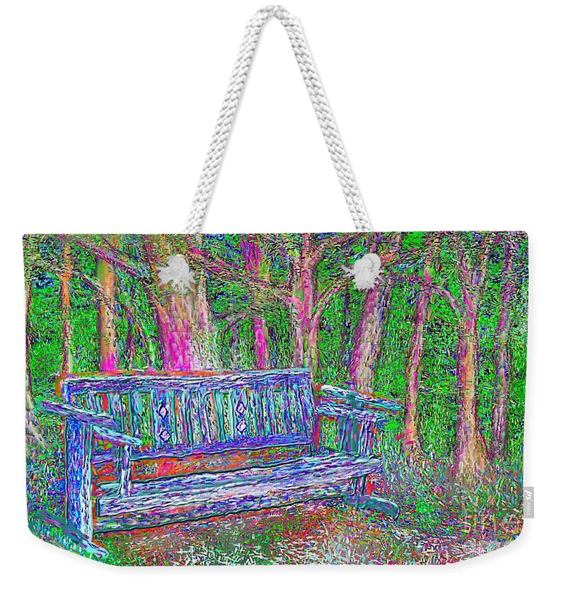 Secret Spot Seat Bench Woods Trail Nature Weekender Tote Bag featuring the painting Secret Spot by Hidden Mountain