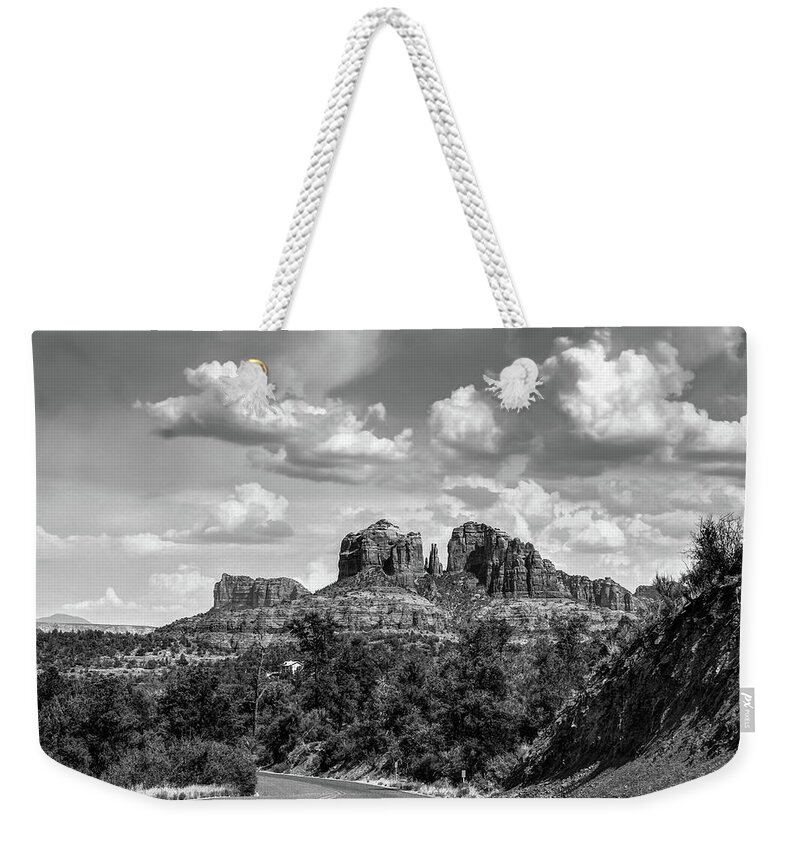 America Weekender Tote Bag featuring the photograph Sedona Arizona Black and White Landscape - Cathedral Rock by Gregory Ballos