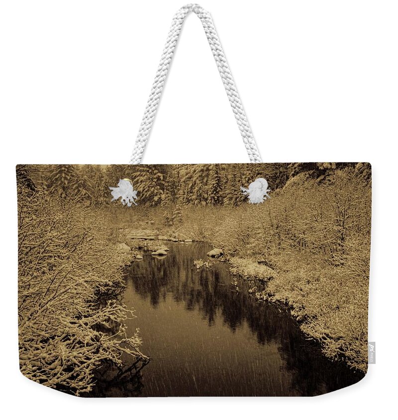 Sepia Weekender Tote Bag featuring the photograph Sepia Snowfall On Boot Creek by Dale Kauzlaric