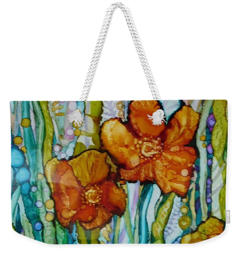 This Vibrant Alcohol Ink Floral Was Done To Showcase The Fanciful Shapes And Designs Created When You Apply Layers Of Multicolored Alcohol Inks. It Is Primarily Gold Weekender Tote Bag featuring the painting Splender in the Grass by Joan Clear