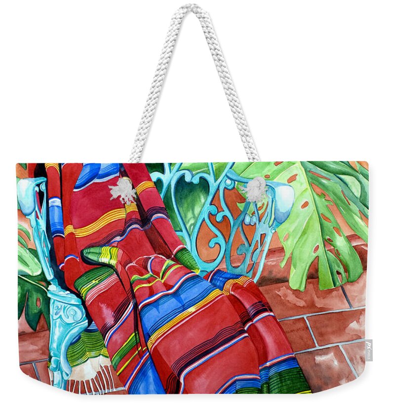Serape Weekender Tote Bag featuring the painting Serape on Wrought Iron Chair I by Kandyce Waltensperger