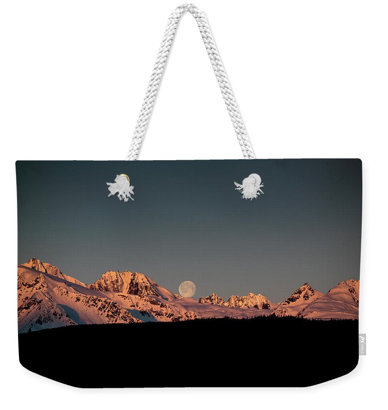 Landscape Weekender Tote Bag featuring the photograph Setting Moon over Alaskan Peaks V by Matt Swinden