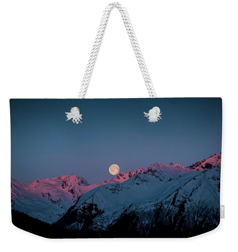 Landscape Weekender Tote Bag featuring the photograph Setting Moon Over Peaks III by Matt Swinden
