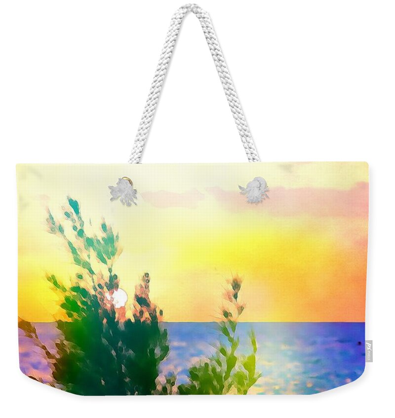 Orange Sky Weekender Tote Bag featuring the mixed media Pastel colors on the Atlantic ocean in Cancun by Tatiana Travelways