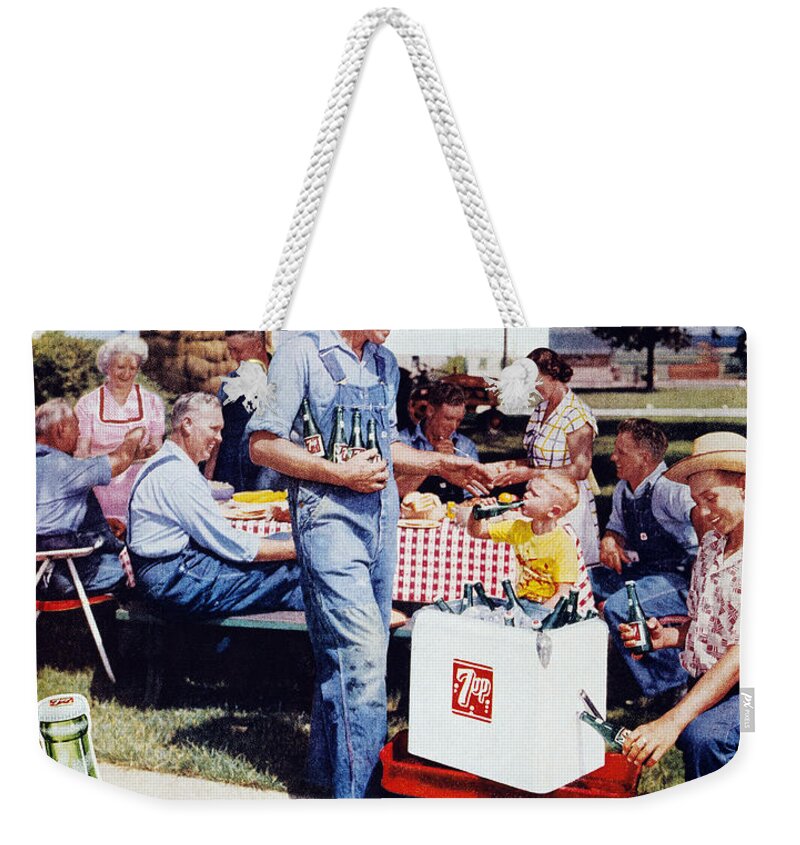 -domestic- Weekender Tote Bag featuring the photograph Seven-up Soda Ad, 1954 by Granger