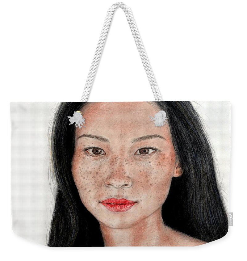 Drawing Weekender Tote Bag featuring the mixed media Sexy Freckle Faced Beauty Lucy Liu by Jim Fitzpatrick
