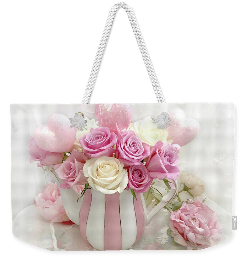 Shabby Chic Weekender Tote Bag featuring the photograph Shabby Chic Valentine Pink and Yellow Roses In Vase - Romantic Roses Skeleton Key Art by Kathy Fornal