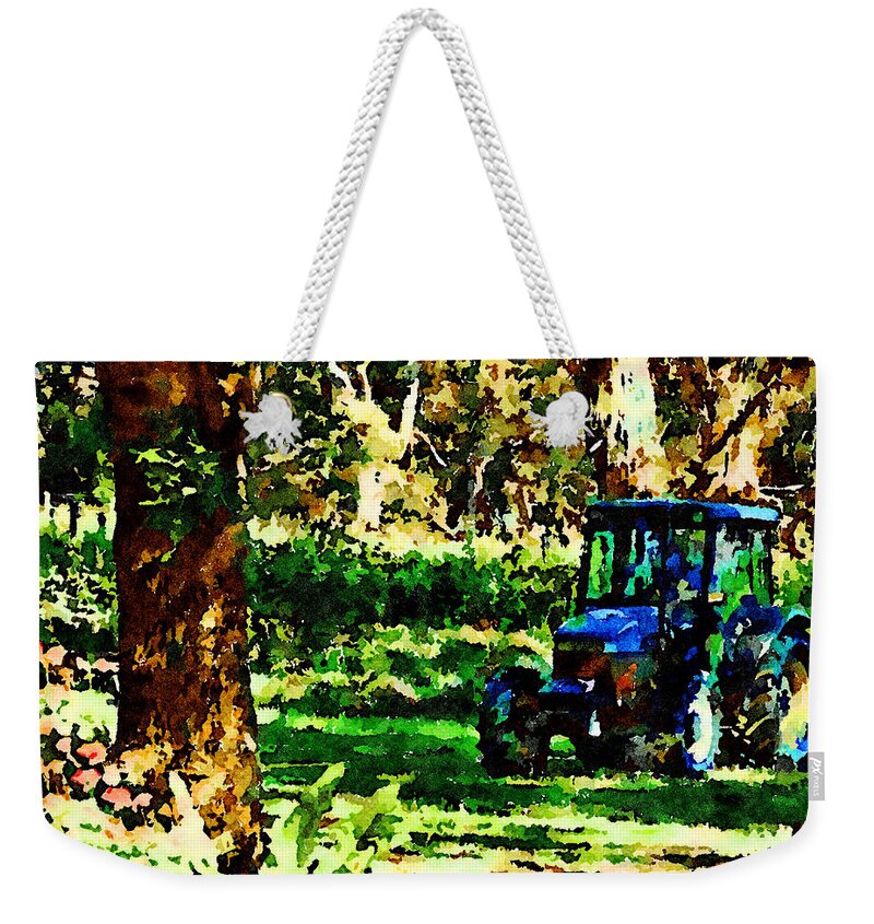 Angela Treat Lyon Weekender Tote Bag featuring the painting Shady Tractor by Angela Treat Lyon