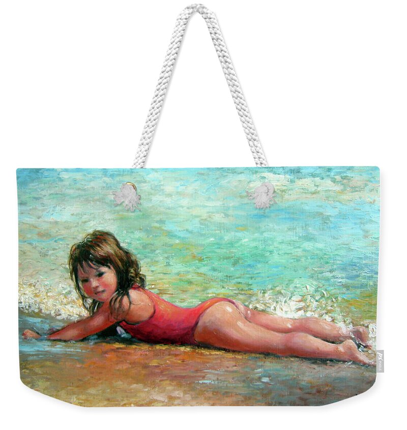 Child In Surf Weekender Tote Bag featuring the painting Shallow Surf by Marie Witte