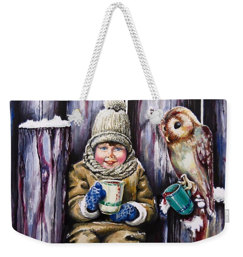Painting Weekender Tote Bag featuring the painting Sharing A Hot Chocolate by Geni Gorani
