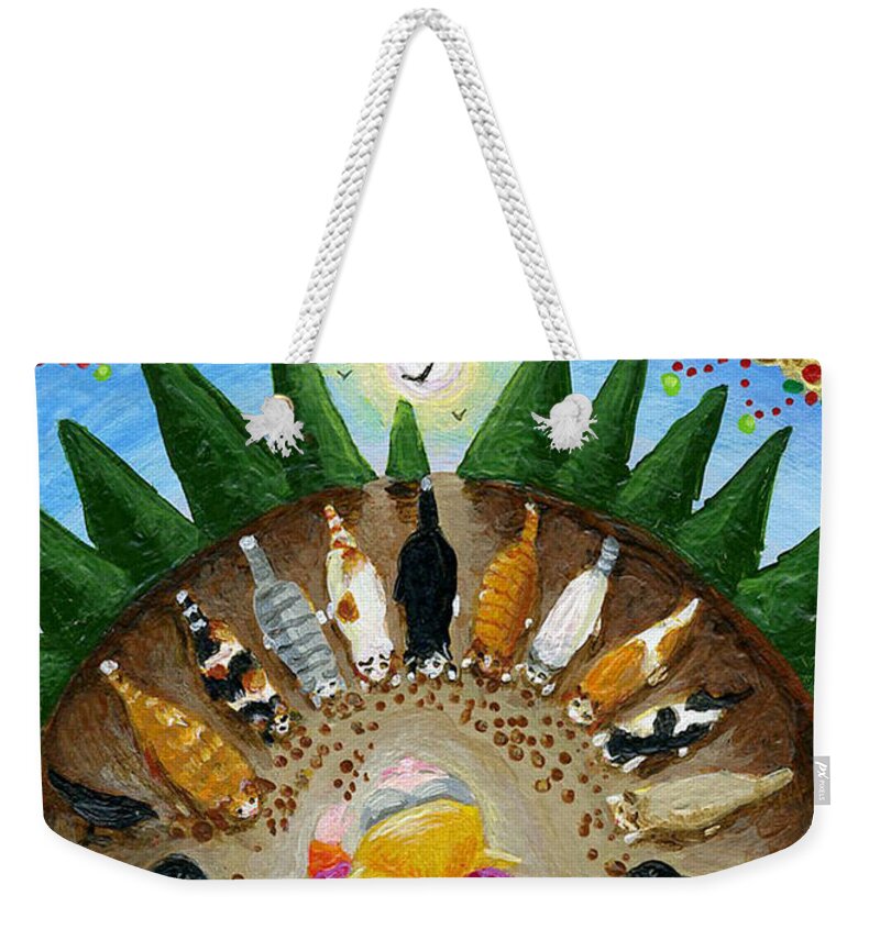 Cats Weekender Tote Bag featuring the painting Sharing Christmas Spirit by Jacquelin L Vanderwood Westerman