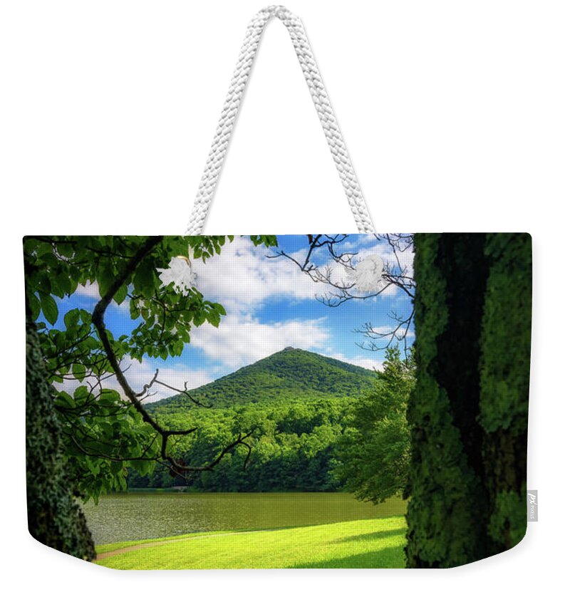 Peaks Of Otter Weekender Tote Bag featuring the photograph Sharp Top through the trees by Steve Hurt