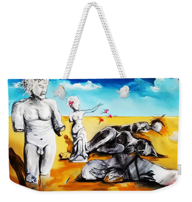 Statues Weekender Tote Bag featuring the painting Shattered Limbs to Shattered Souls by Helen Syron