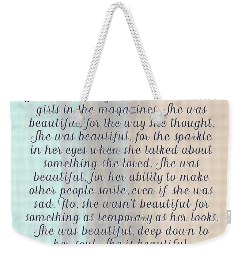 Minimalist Weekender Tote Bag featuring the photograph She Was Beautiful By F. Scott Fitzgerald 4 #painting #minimalism #poem by Andrea Anderegg
