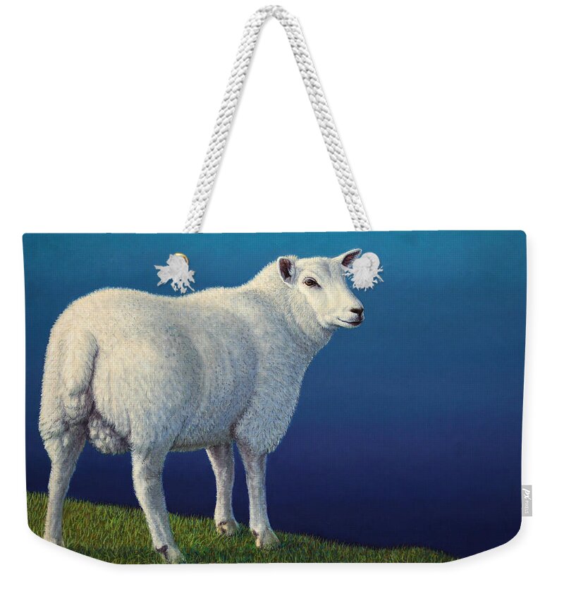 Sheep Weekender Tote Bag featuring the painting Sheep at the edge by James W Johnson