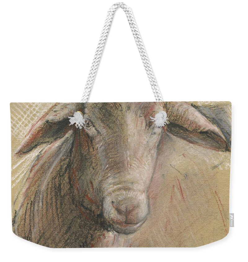 Sheep Artwork Weekender Tote Bag featuring the painting Sheep head by Juan Bosco