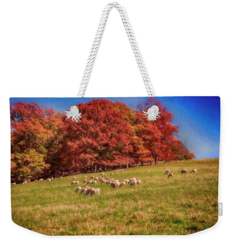John Haldane Weekender Tote Bag featuring the digital art Sheep in the Autumn Meadow by John Haldane