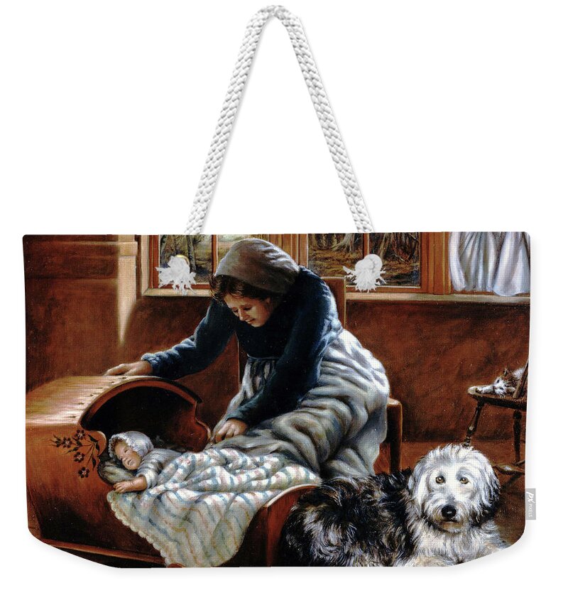 Sheepdog With Baby Weekender Tote Bag featuring the painting Sheepdog Guard by Marie Witte
