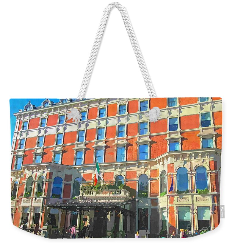 Shelbourne Weekender Tote Bag featuring the painting Art of Shelbourne hotel Dublin by Mary Cahalan Lee - aka PIXI
