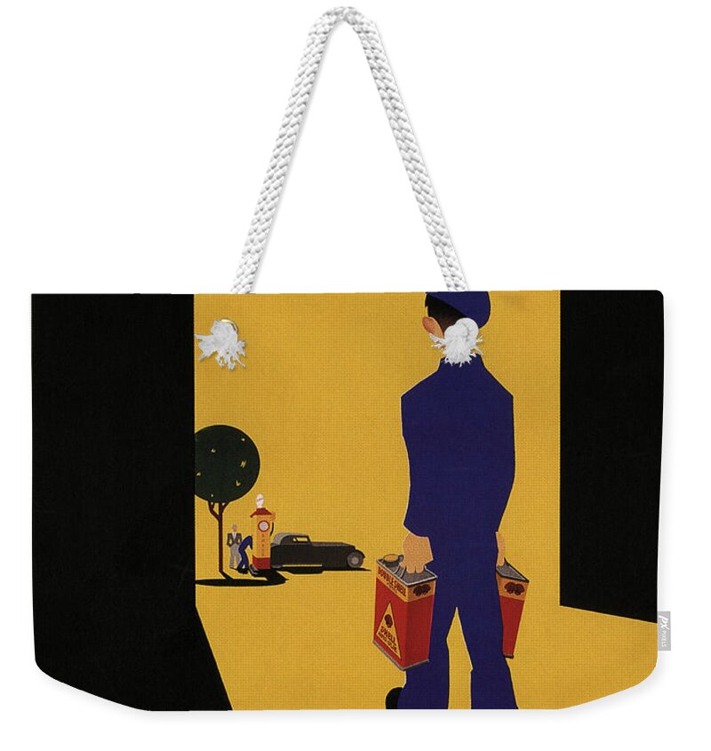 Vintage Weekender Tote Bag featuring the mixed media Shell Auto Olie - Vintage Advertising Poster by Studio Grafiikka