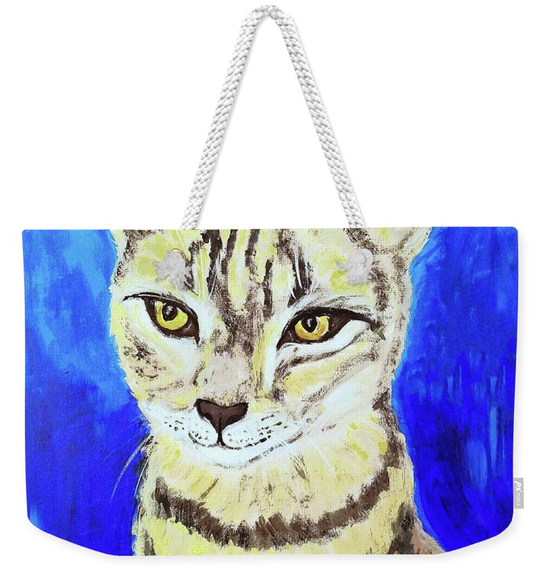 Cat Weekender Tote Bag featuring the painting Shelly Date With Paint Mar 19 by Ania M Milo