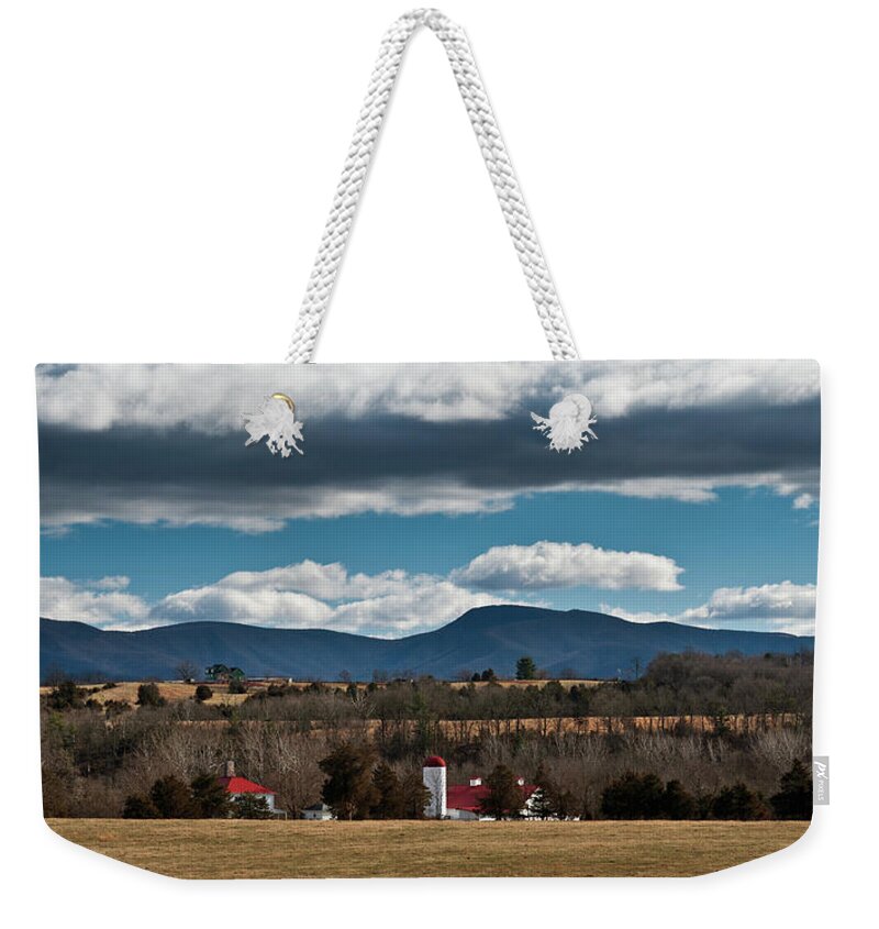 Shenandoah Valley Weekender Tote Bag featuring the photograph Shenandoah Valley Farm Winter Skies by Lara Ellis