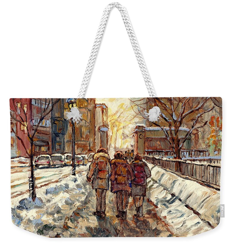 Montreal Weekender Tote Bag featuring the painting Sherbrooke Street Winter Scene Painting Mcgill Roddick Gates Canadian Art For Sale C Spandau Artist by Carole Spandau