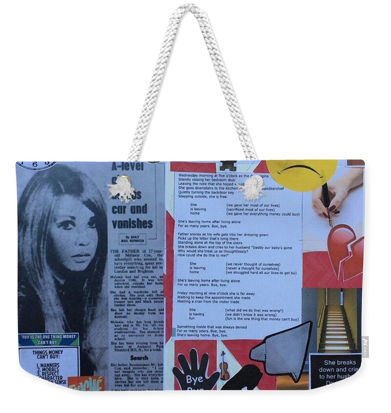 John Lennon Paul Mccartney George Harrison Ringo Starr Sergeant Pepper's Lonely Hearts Club Band The Beatles 1967 Weekender Tote Bag featuring the mixed media She's Leaving Home by Jonathan Morrill
