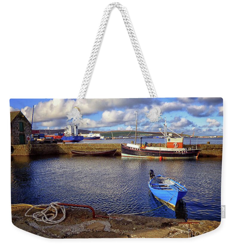 Shetland Isles Weekender Tote Bag featuring the photograph Shetland Boats by Lynn Bolt