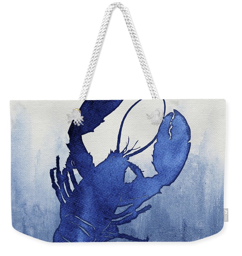 Lobster Weekender Tote Bag featuring the painting Shibori Blue 3 - Lobster over Indigo Ombre Wash by Audrey Jeanne Roberts