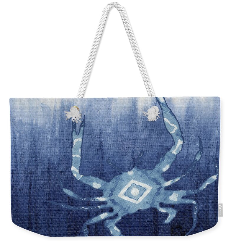 Blue Crab Weekender Tote Bag featuring the painting Shibori Blue 4 - Patterned Blue Crab over Indigo Ombre Wash by Audrey Jeanne Roberts