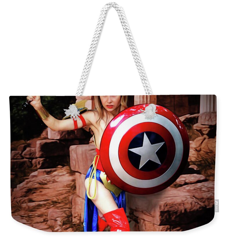 Captain America Weekender Tote Bag featuring the photograph Shield Of Truth Sword Of Justice by Jon Volden