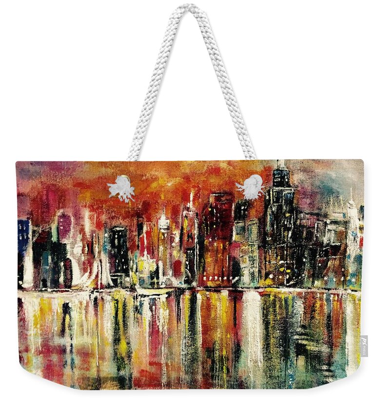 Tote Bag Weekender Tote Bag featuring the painting Shimmering City Night Lights by Belinda Low