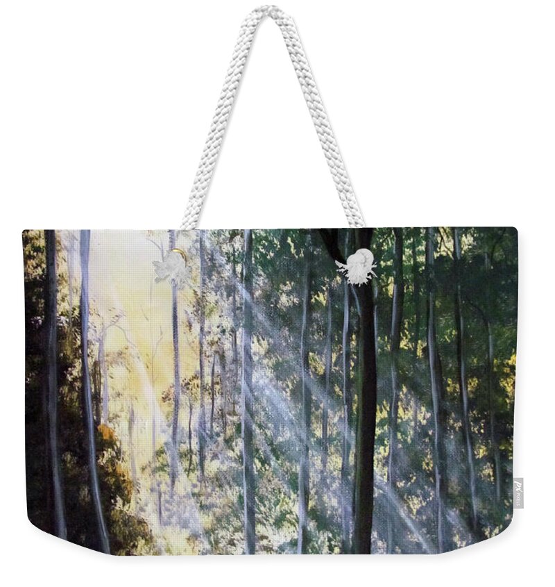 Sunshine Weekender Tote Bag featuring the painting Shining Through by Gloria E Barreto-Rodriguez