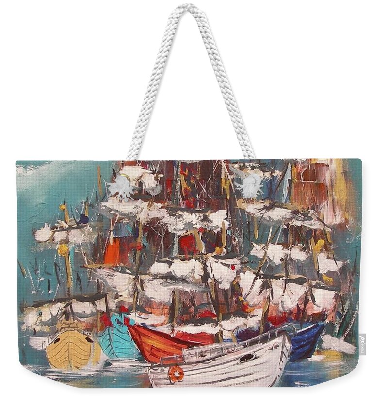 Ship Harbor Ocean Water Wave Boat Cloud Sky Seascape Colors Blue White Sailing Sail Relax Deep Canvas Fishing Painting Print Slip Port Dock Port Marina Bay Weekender Tote Bag featuring the painting Ship Harbor by Miroslaw Chelchowski