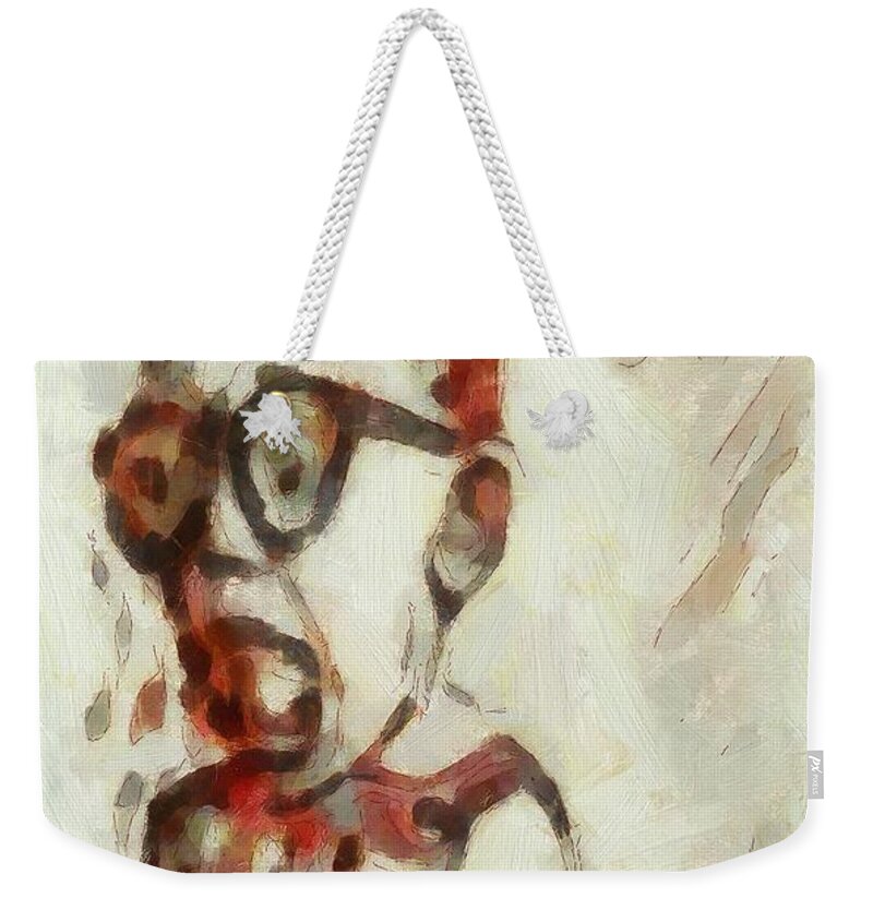 Shocked Weekender Tote Bag featuring the painting Shocked Scared Screaming Boy with curly red hair in glasses and overalls in acrylic paint as a loose by MendyZ