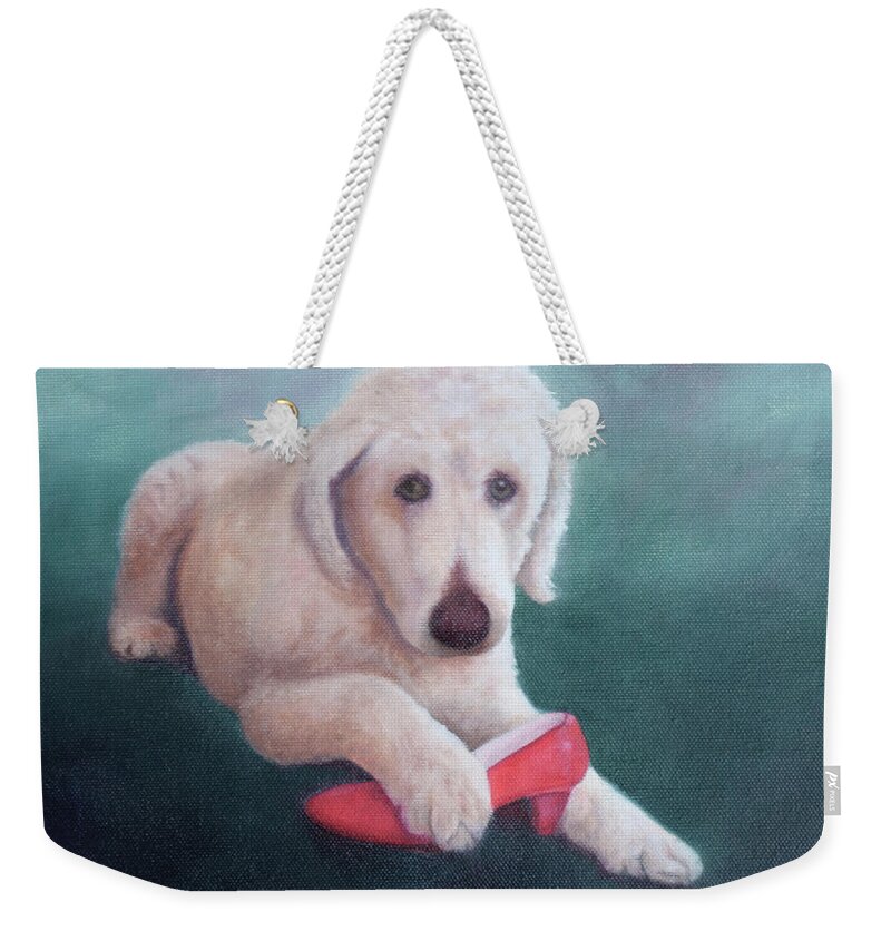 Dog With Shoe Weekender Tote Bag featuring the painting Shoe Fetish by Marg Wolf