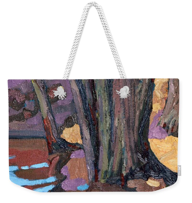 Jim Weekender Tote Bag featuring the painting Shoreline Maples by Phil Chadwick