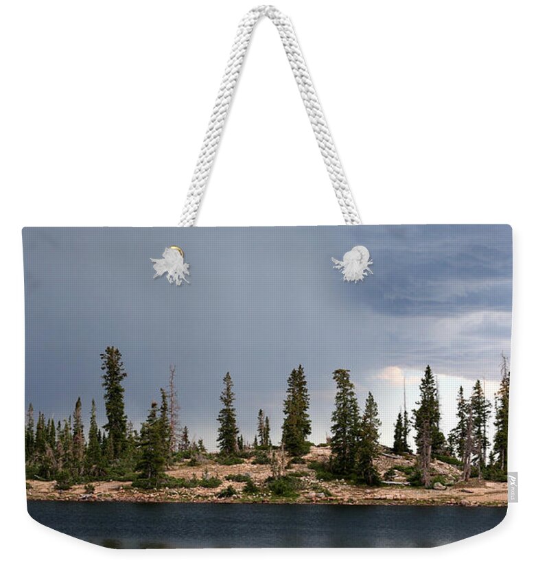 Landscape Weekender Tote Bag featuring the photograph Shoreline Pine Trees and Storm by Brett Pelletier
