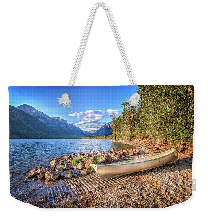 Montana Weekender Tote Bag featuring the photograph Shores of Lake McDonald by Spencer McDonald