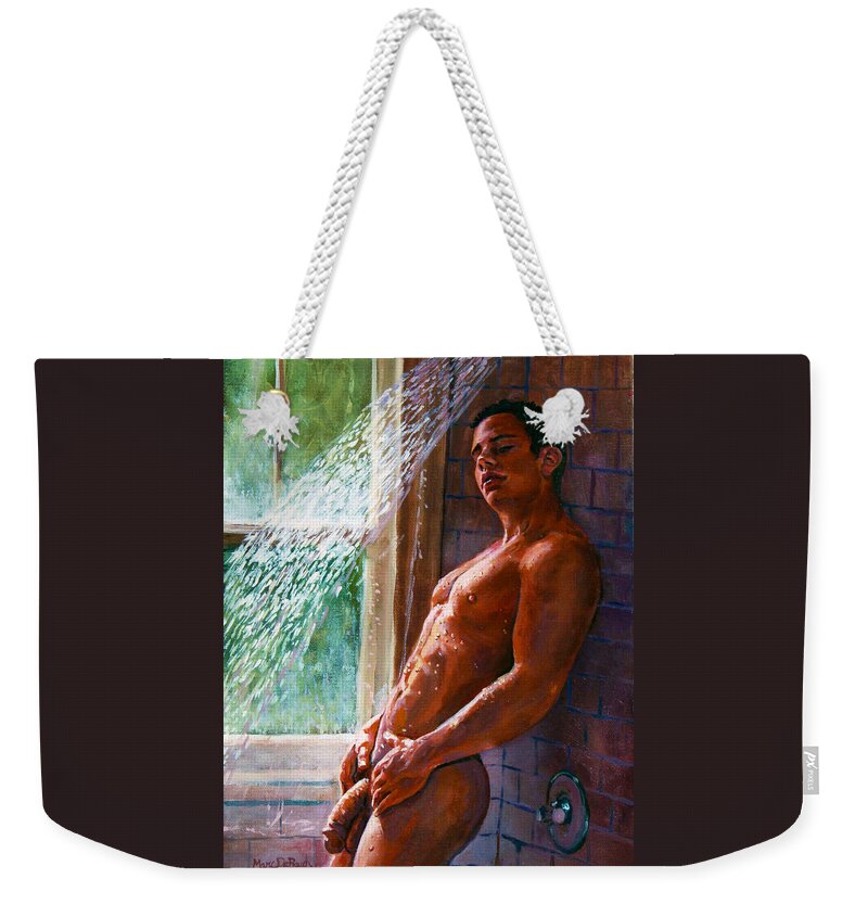 Male Nude Weekender Tote Bag featuring the painting Shower Seduction by Marc DeBauch